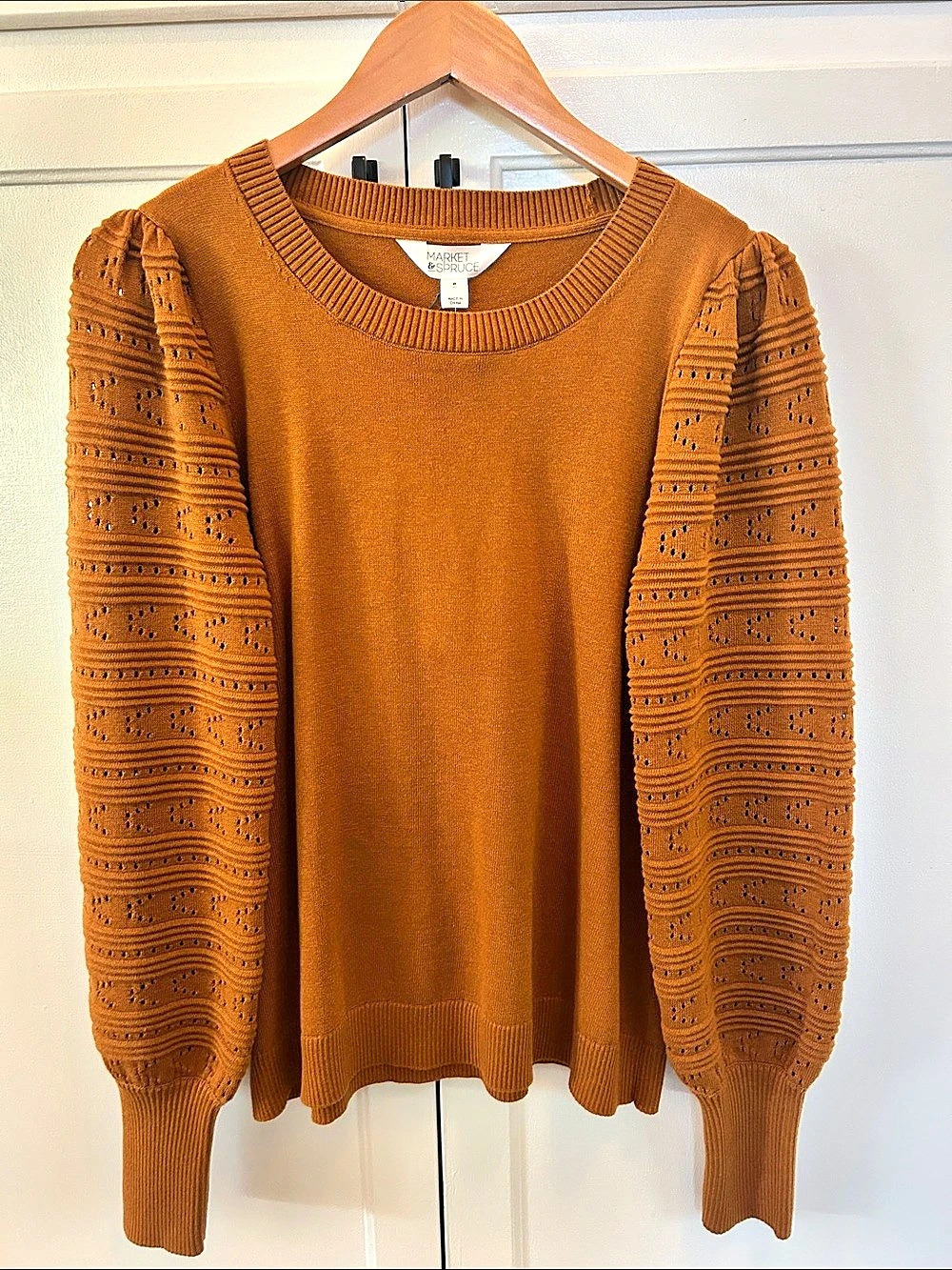 Market & Spruce Mia Crochet Sleeve Crewneck Pullover Brown Medium